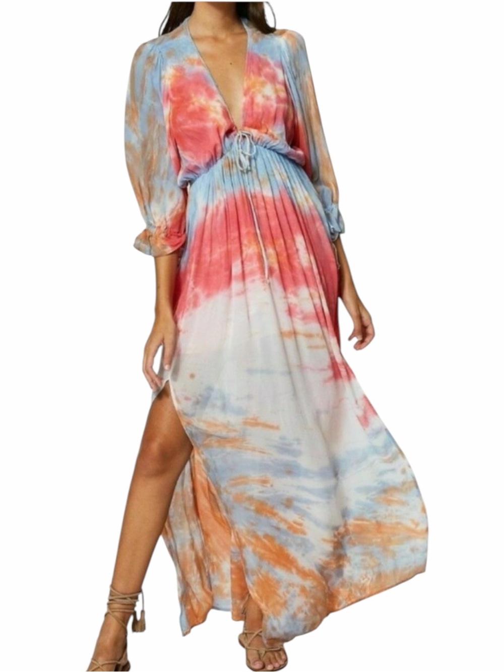 Young Fabulous & Broke Meadow Maxi Dress Watercolor Tie Dye Coral Pink Blue L